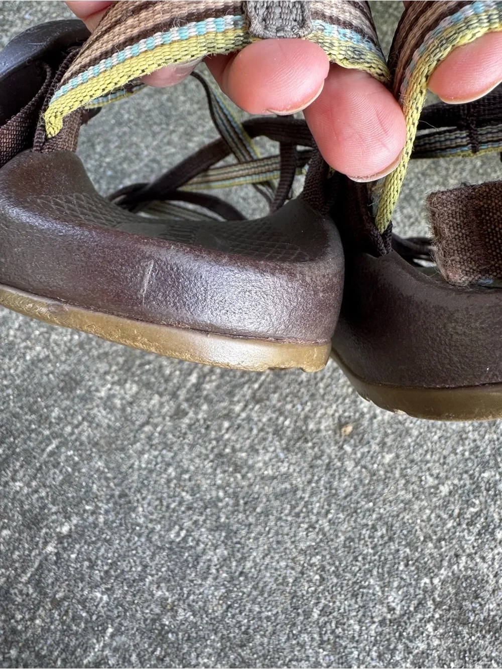 Chaco Kids Brown Sandals with Yellow and Green Stripe Size 1 No Toe Strap